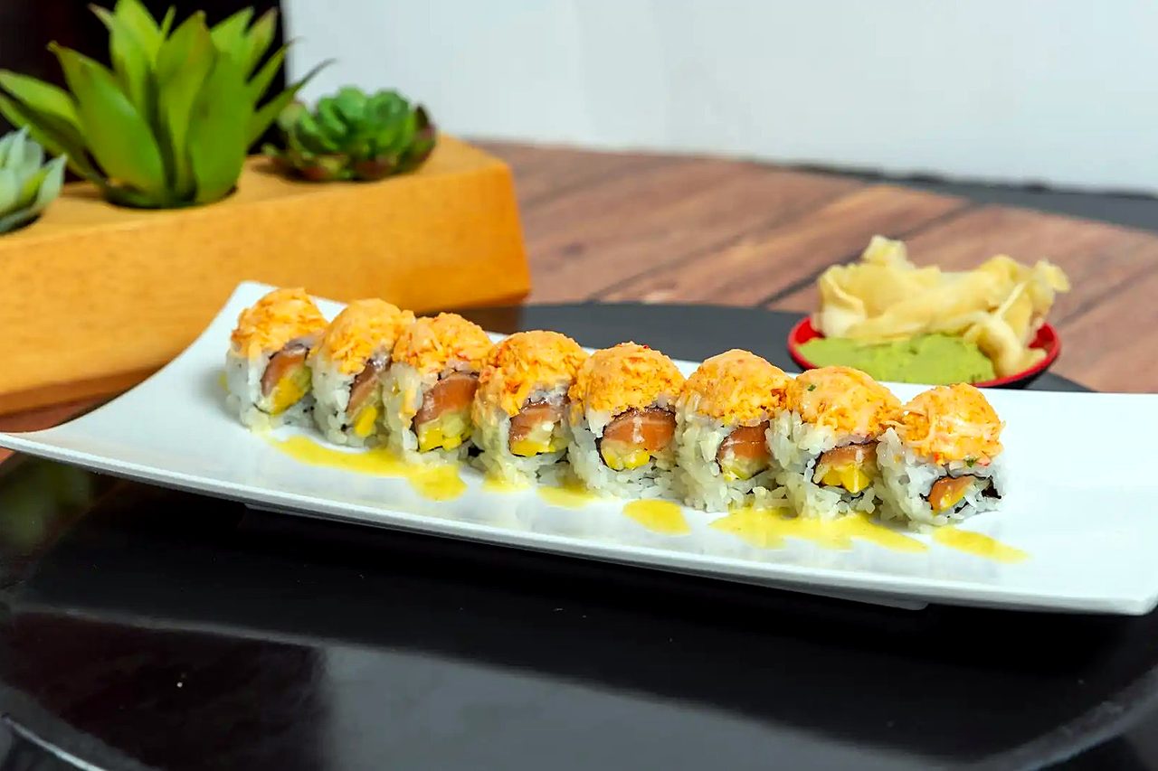 Rolls topped with spicy crab